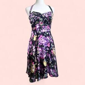 Betsey Johnson Women SZ 0 Floral A-Line Silk Party Dress Strapless Pin Up Style‎